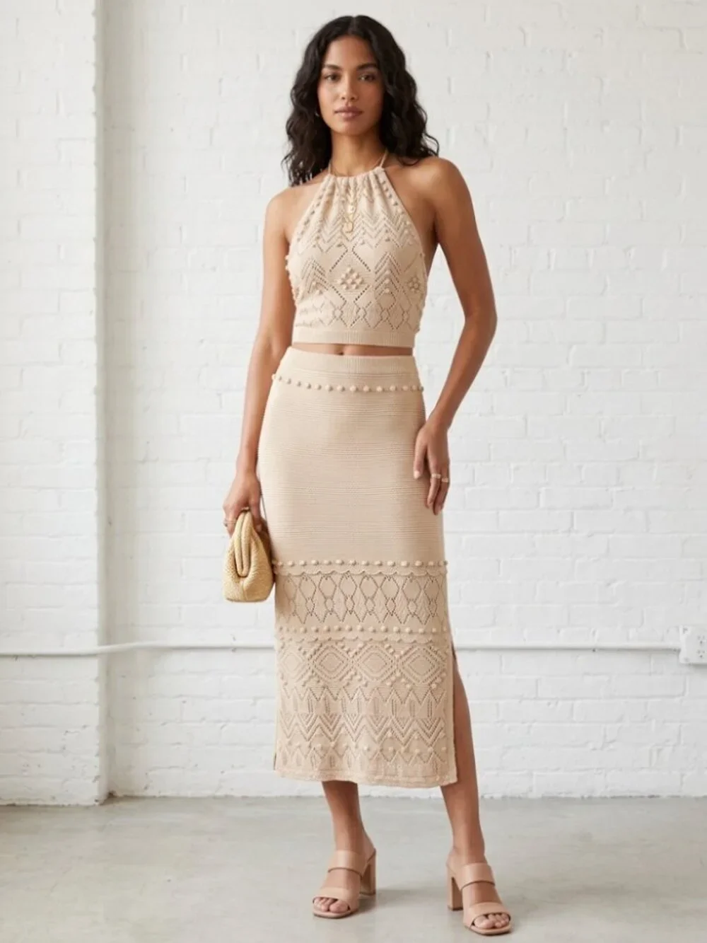 Intermix Dawson Pointelle Knit Halter & Midi Skirt Set Beige Resort Beachy